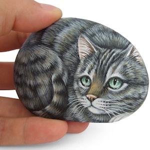 Irresistible Tiger Cat Miniature Handpainted on A Sea Pebble | Cat Painting on a Stone | Unique Rock Art by Roberto Rizzo