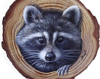 A Sweet Raccoon Coming Out from Its Lair, a Unique Wood Slice Painting by Roberto Rizzo! Original Art 100% Hand Painted!