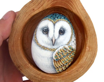 Barn Owl's Nest | Unique 3-D Art Totally Hand Painted by the Artist Roberto Rizzo | Rock Art Owl Art Hand Painted Barn Owl