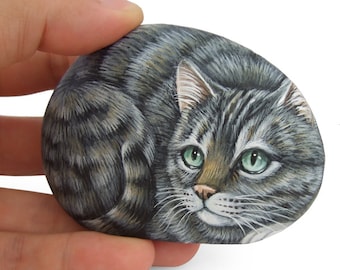 Irresistible Tiger Cat Miniature Handpainted on A Sea Pebble | Cat Painting on a Stone | Unique Rock Art by Roberto Rizzo