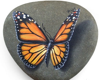 Original Hand Painted Monarch Butterfly Resting on A Rock | Unique Painted Rock by Roberto Rizzo