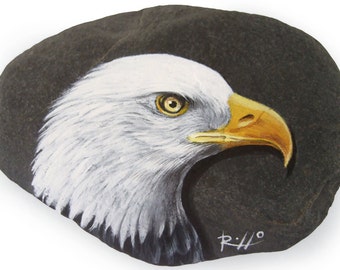 Original Bald Eagle's Head Painted on A Flat Sea Rock | An Original Artistic Paperweight for Nature Lovers