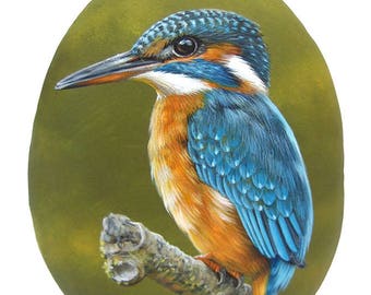 An Elegant Kingfisher Hand Painted on a Sea Rock! Rock Painting Art by Roberto Rizzo | 100% Original Fine Art!