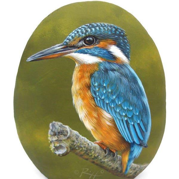 An Elegant Kingfisher Hand Painted on a Sea Rock! Rock Painting Art by Roberto Rizzo | 100% Original Fine Art!