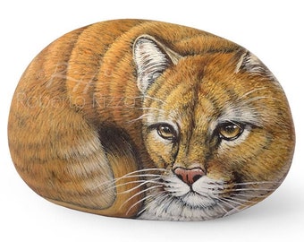 Beautiful Puma Hand Painted Rock | Mountain Lion Stone Art by Roberto Rizzo