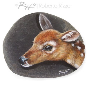 Unique Fawn's Head Hand Painted on A Flat Sea Pebble Original Collectable Animal Art Faces by Roberto Rizzo image 1
