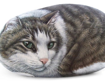 Custom Cat Portrait Hand Painted on a Sea Stone | Pet Portraits on Commission Finely Detailed in Memory of your Pet by Roberto Rizzo