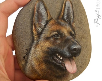 A German Shepherd Dog's Face Painted On a Flat Sea Rock | Hand Painted Stunning Stone Art by Roberto Rizzo