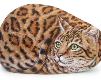 Incredibly Fine Detailed Bengal Cat Hand Painted on a Natural Sea Rock! Stone Painting Fine Art by Roberto Rizzo