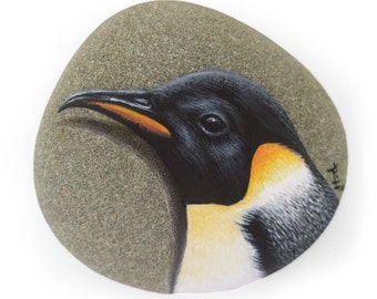 Unique Emperor Penguin's Head Hand Painted on A Flat Sea Rock | An Original Artistic Paperweight for All Nature Lovers