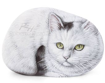 Sweet White Cat Painted on A Sea Stone | Cat Painting on a Stone | Unique Rock Art by Roberto Rizzo