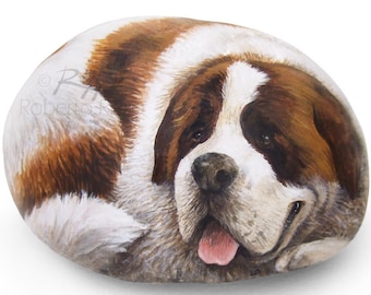 Dolce San Bernardo Cane Dipinto su una pietra di mare Pittura rocciosa Art Dog Ritratto Fine Art di Roberto Rizzo