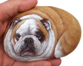 Irresistible Bulldog Painted on A Sea Stone | Meticulously Detailed Rock Art by Roberto Rizzo |  Hand Painted Pets Dog Fine Art