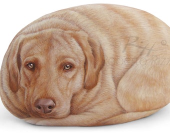 Custom Dog Portrait Hand Painted on a Natural Sea Stone | Fine Detailed Pet Rock Portraits by the Artist Roberto Rizzo