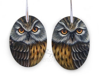 Pair of Long-Eared Owl Earrings | Hand Painted Jewels