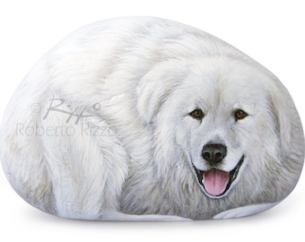 Sweet Maremma Sheepdog Painted on A Smooth Sea Rock | Incredibly Detailed Rock Art by Roberto Rizzo |  Hand Painted Pets Dog Fine Art