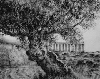 Sicily #4 | Original Landscape Charocoal Drawing | Fine Art 100% Handmade by Roberto Rizzo | Charcoal Italy Landscape Drawing