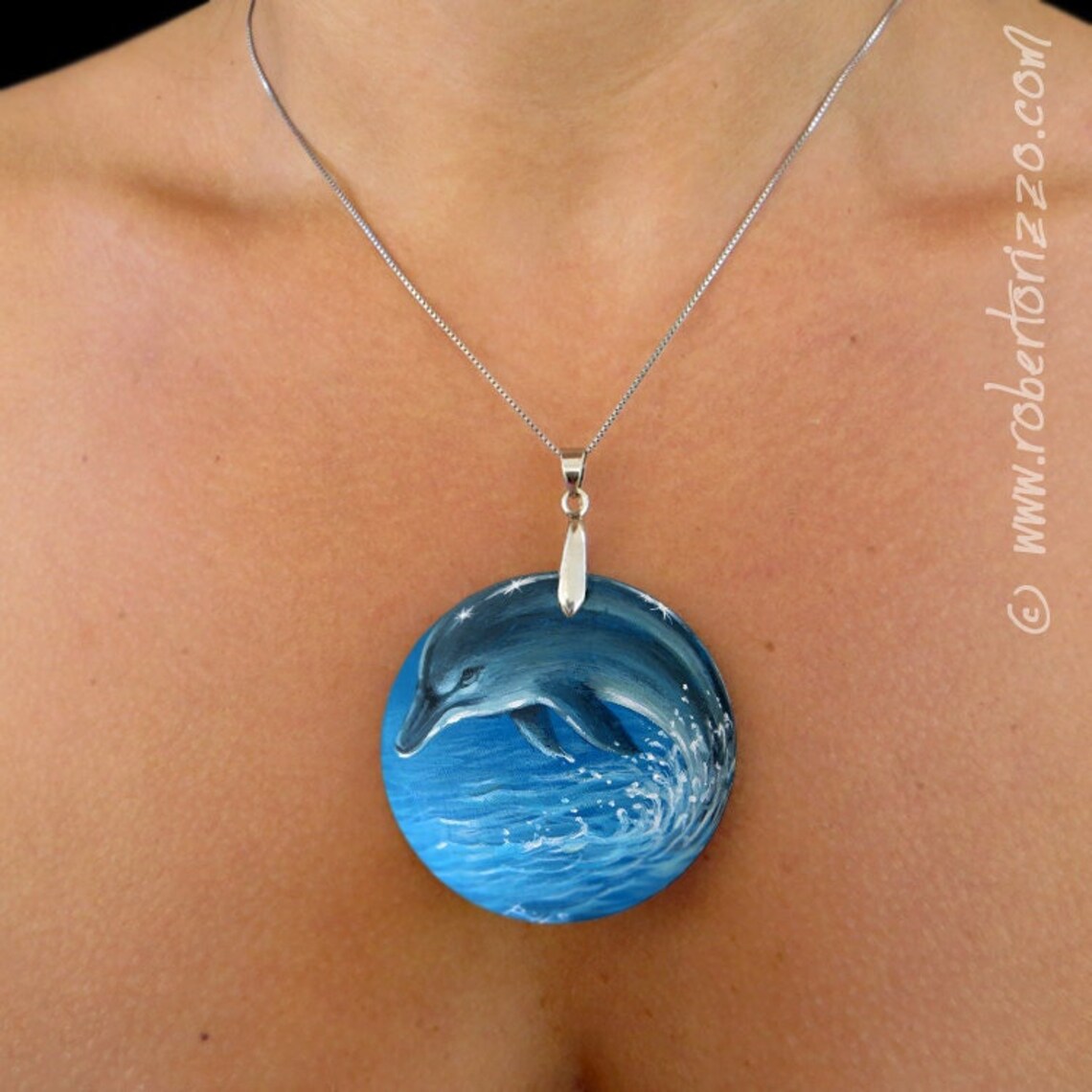 Hand Painted Art Necklace With a Jumping Dolphin Original Etsy