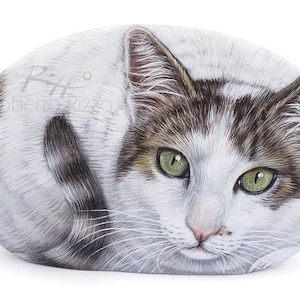 Cat Portrait on Commission Hand Painted on a Sea Stone | Custom Pet Portraits Finely Detailed in Memory of your Pet by Roberto Rizzo