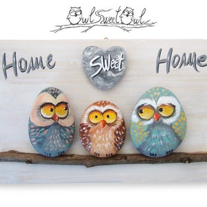 Home Sweet Home, Owl Family Painting, Funny Owls, Cartoons Owls, Family Owls, Owls in Love, Big Eye Owl