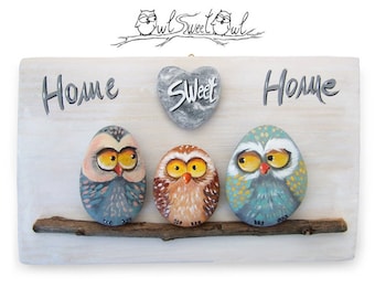 Home Sweet Home, Owl Family Painting, Funny Owls, Cartoons Owls, Family Owls, Owls in Love, Big Eye Owl