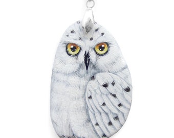 Snowy Owl Pendant Hand Painted on A Lightweight Flat Sea Rock | Wearable Art by Roberto Rizzo