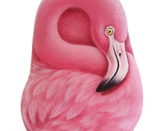 A Rare Shaped Stone Transformed in a Pink Flamingo! Rock Painting Art by Roberto Rizzo