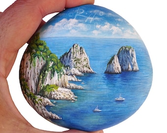 Painted Stone Landscape with Capri's Stacks & Boats | 100% Hand Painted with Acrylics and Finished with Satin Varnish Coat by Roberto Rizzo