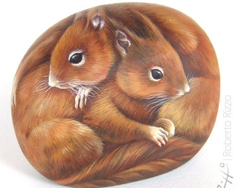 Sweet Squirrels Hugging Each Other! A Unique Hand Painted Rock by Roberto Rizzo