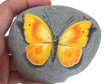 Painted Rock with Yellow Butterfly | Original Yellow Butterfly Resting on A Rock Handpainted by Roberto Rizzo | Rock Art Painting