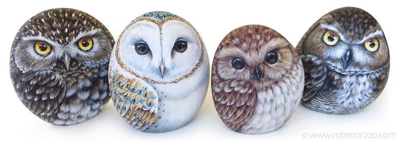 Owls hand painted on stones