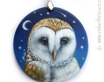 Unique Barn Owl Pendant | Hand Painted Jewels and Wearable Art by Roberto Rizzo