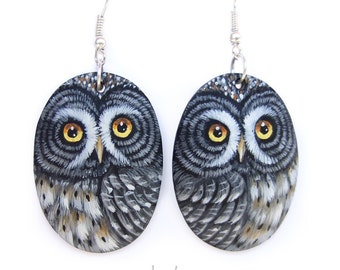 Pair of Great Grey Owl Earrings | Hand Painted Jewels