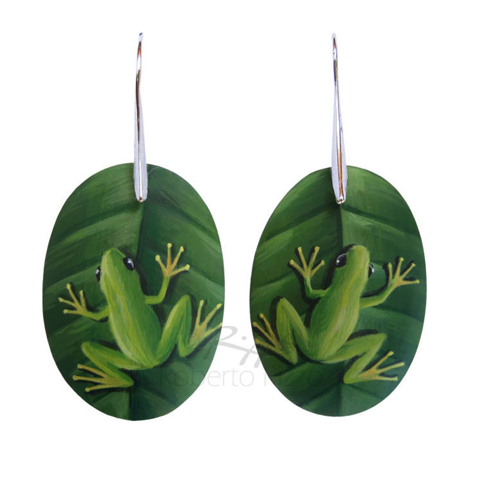 Pair of Green Frog Earrings Hand Painted Jewels by Roberto Etsy