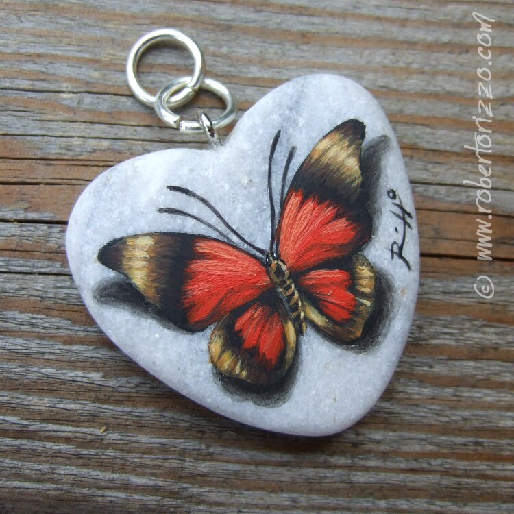 Heart Shaped Red Butterfly Pendant Hand Painted Jewels Etsy