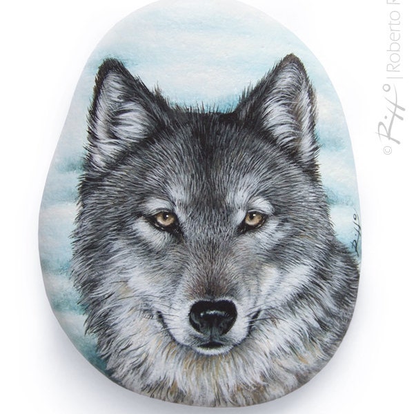 A Wild Wolf Painted On a Flat Sea Rock | Hand Painted Stone by Roberto Rizzo