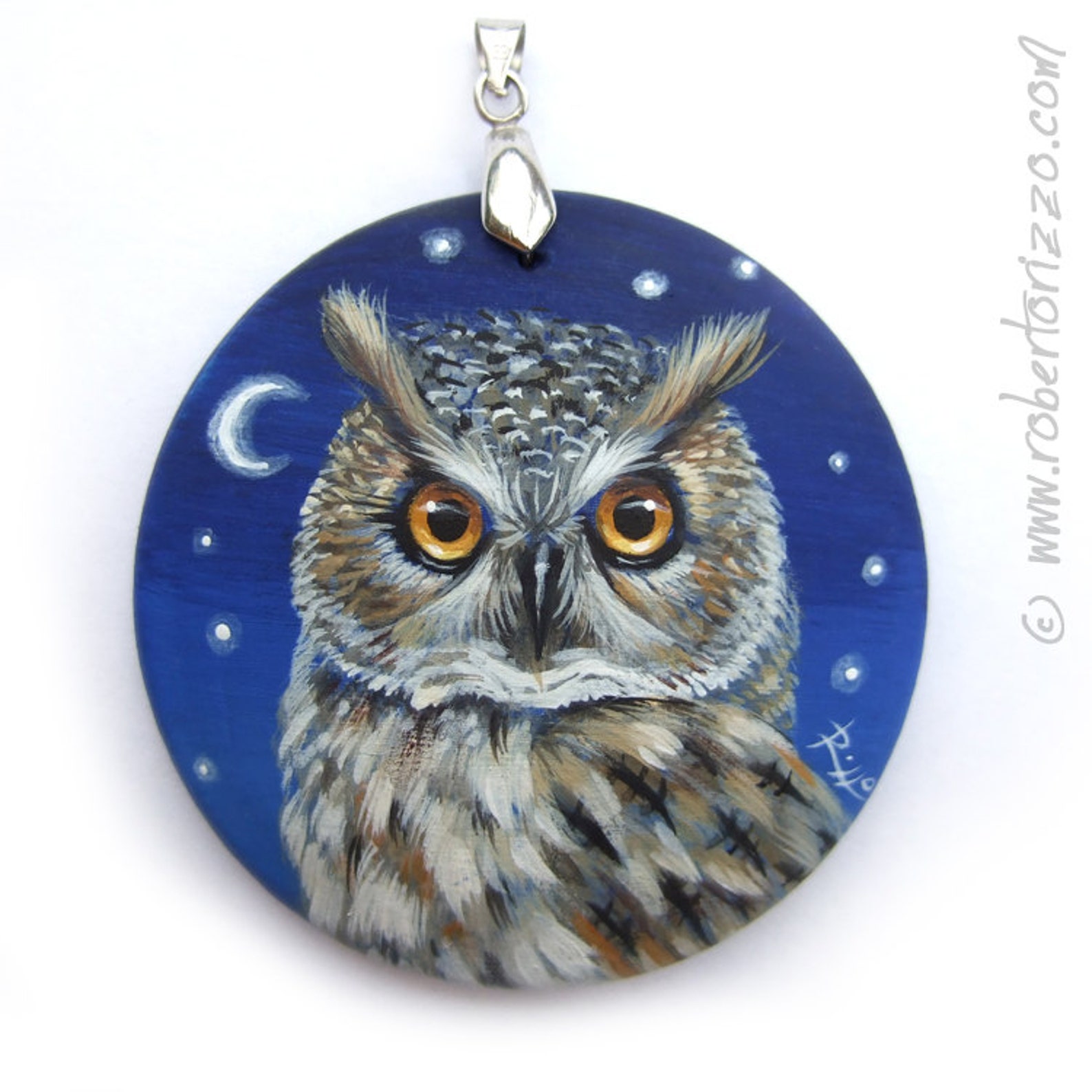 Hand Painted Art Necklace With a Wonderful Longeared Owl Original Fine