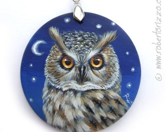 Hand Painted Art Necklace with a Wonderful Long-Eared Owl! Original Fine Detailed Jewelry 100% Handpainted by the Artist Roberto Rizzo