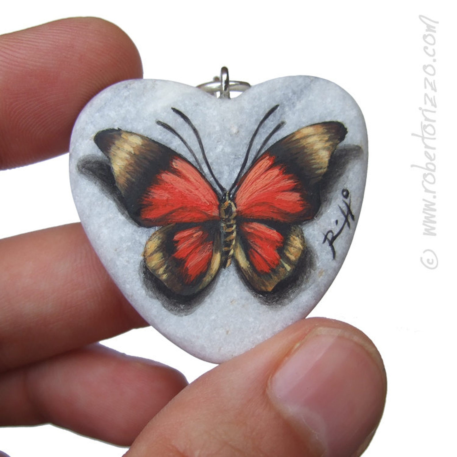 Heart Shaped Red Butterfly Pendant Hand Painted Jewels Etsy