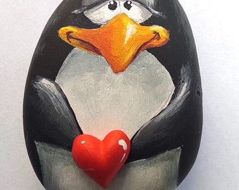 Sweet Penguin in Love Painted on a Sea Rock with 3D heart | Original Art by Owl Sweet Owl