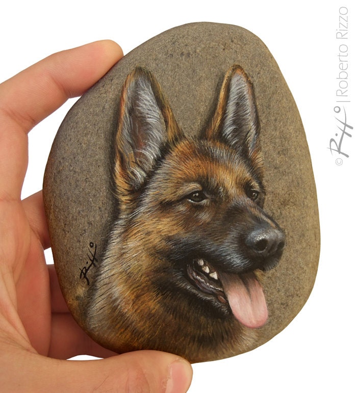 平らな海の岩に描かれたジャーマンシェパード犬の顔 | ロベルト