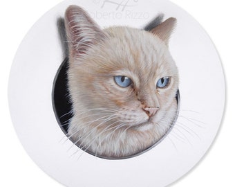 3-D Cat Portrait On Round Canvas Original Art | Custom Pet Paintings from Photo | 100% Original Art by Roberto Rizzo Cat Painting Animal Art