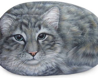 Custom Cat Portrait Hand Painted on a Natural Sea Stone | Fine Detailed Pet Memorial Painted Rocks by the Artist Roberto Rizzo