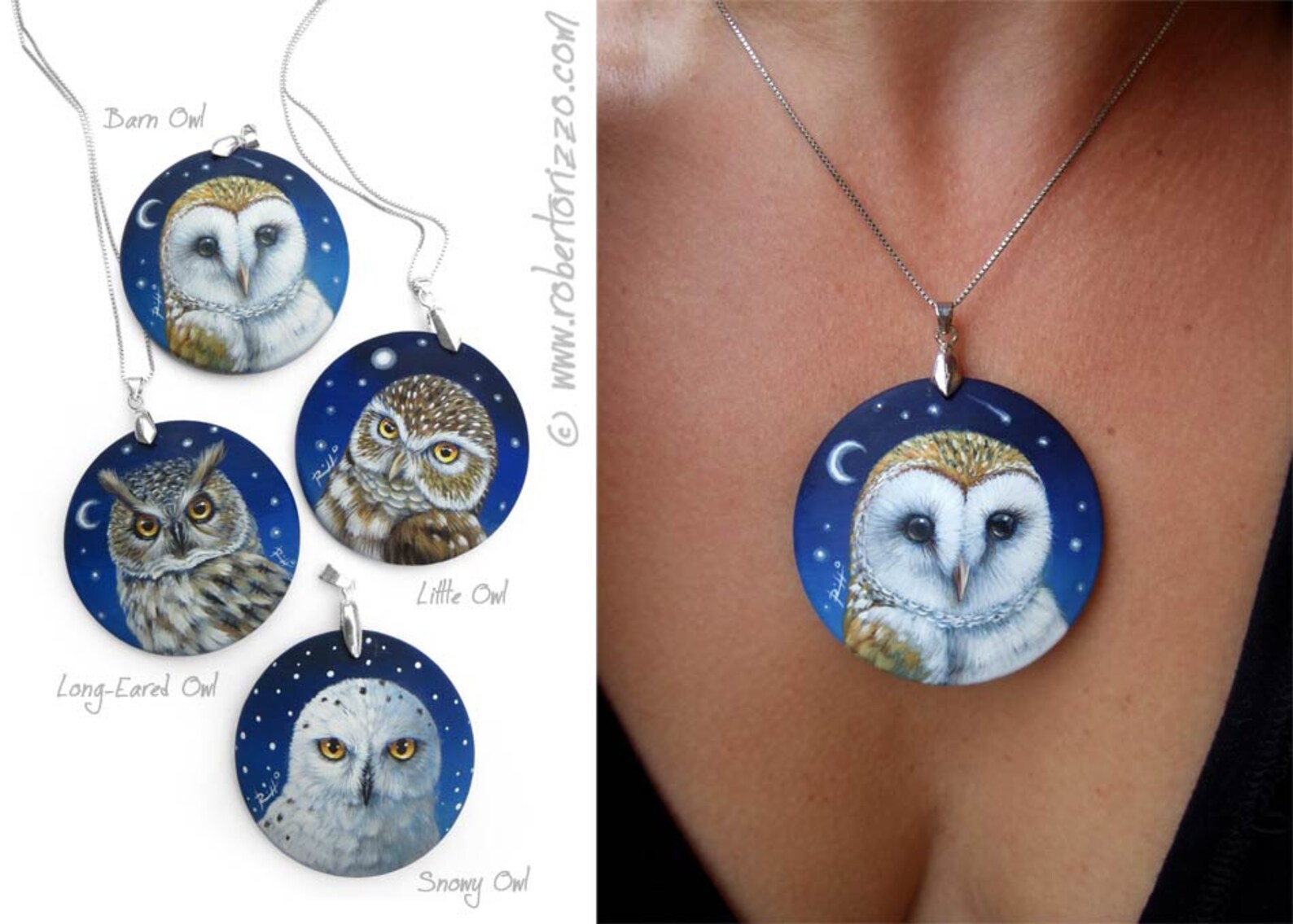 Hand Painted Art Necklace With a Wonderful Longeared Owl Original Fine