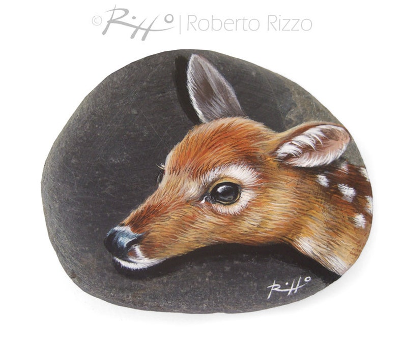 Unique Fawn's Head Hand Painted on A Flat Sea Pebble Original Collectable Animal Art Faces by Roberto Rizzo image 1
