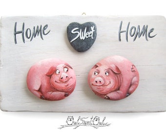 Maiali divertenti in un dipinto unico fatto a mano "Home Sweet Home" / maiali dei cartoni animati - Maiali carini - Opere d'arte 3D - Illustrazione animale divertente
