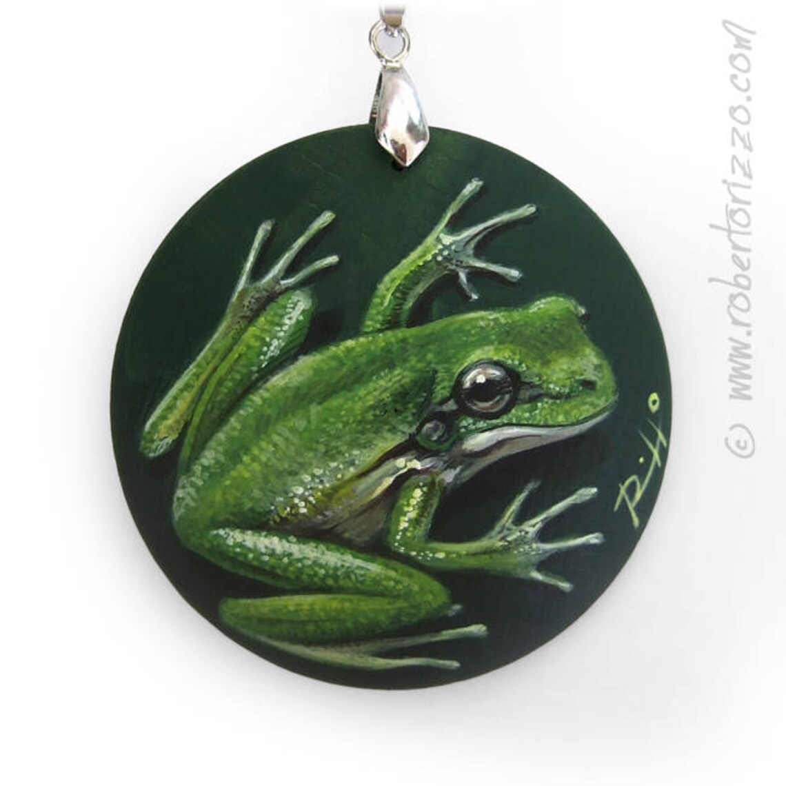 Unique Green Frog Pendant Hand Painted Jewels and Wearable Art by