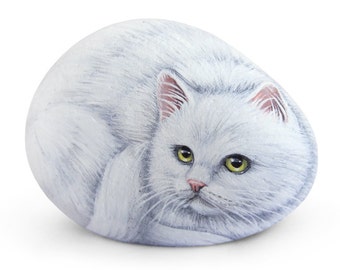 Sweet White Cat Painted on A Sea Stone | Rock Art by Roberto Rizzo