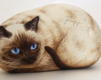 Irresistible Siamese Cat Painted on A Sea Stone | Rock Art by Roberto Rizzo | Painted Rock Cats | Cat Painting Stone | Pebble Art in Acrylic