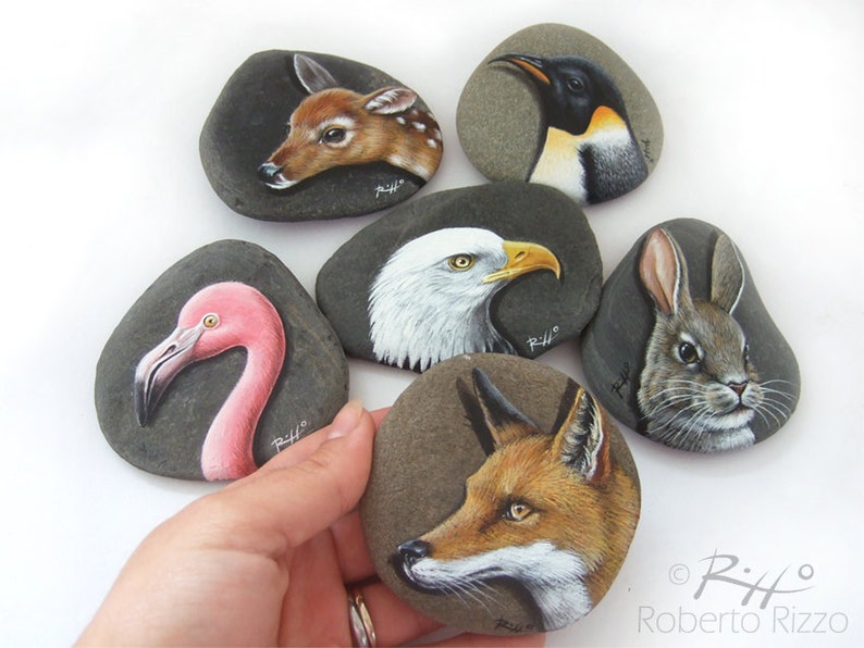 Unique Fawn's Head Hand Painted on A Flat Sea Pebble Original Collectable Animal Art Faces by Roberto Rizzo image 2